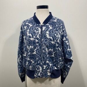 VTG TAIL Women's Lightweight Blue & White Floral Full‎ Zip Bomber Jacket Small